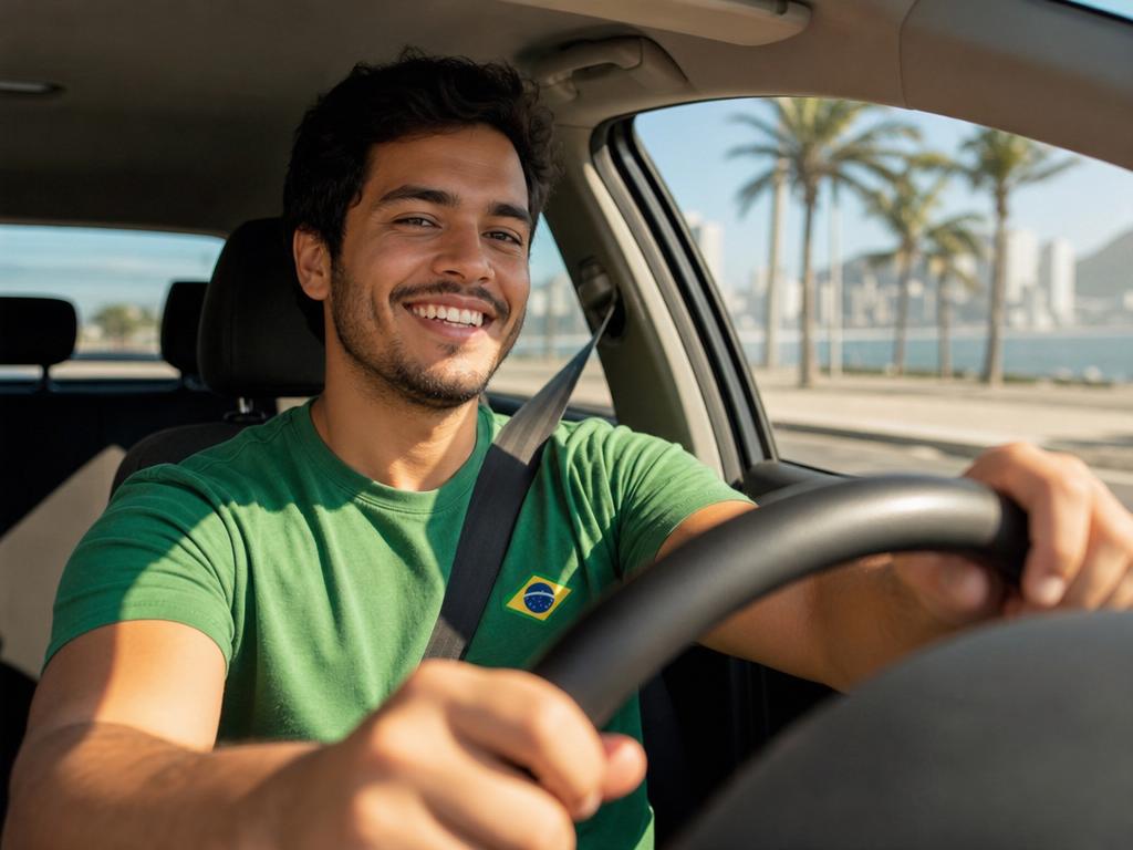 Jovem sorrindo dirigindo com segurança e cinto de segurança