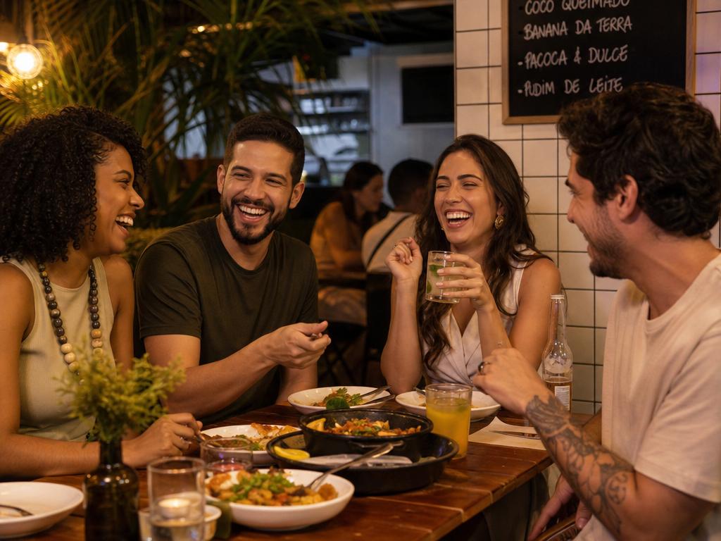 Grupo de amigos felizes comendo juntos em restaurante